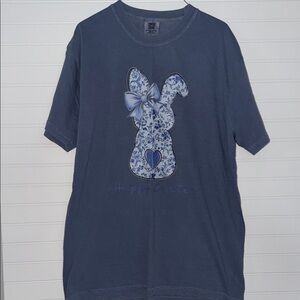 Comfort Colors Happy Easter Floral Bunny Graphic Tee Blue Size L